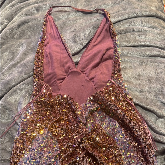 NWT Free People Glitter and Gold Sequin Pink Sweetheart Halter Velvet Slit dress - Picture 9 of 9